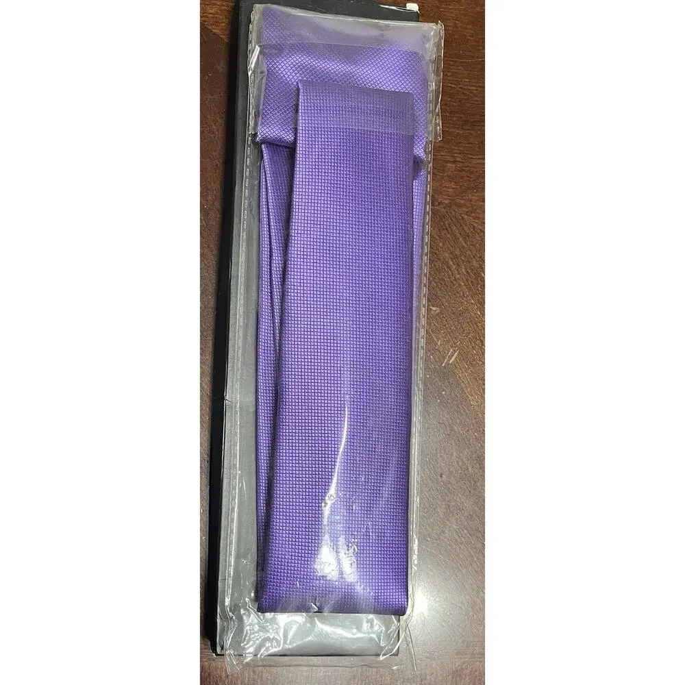 Mens Barry-Wang Solid Purple Silk Necktie Handkerchief Cufflinks Set New!